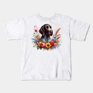 A German Wirehaired Pointer with beautiful colorful flowers Kids T-Shirt